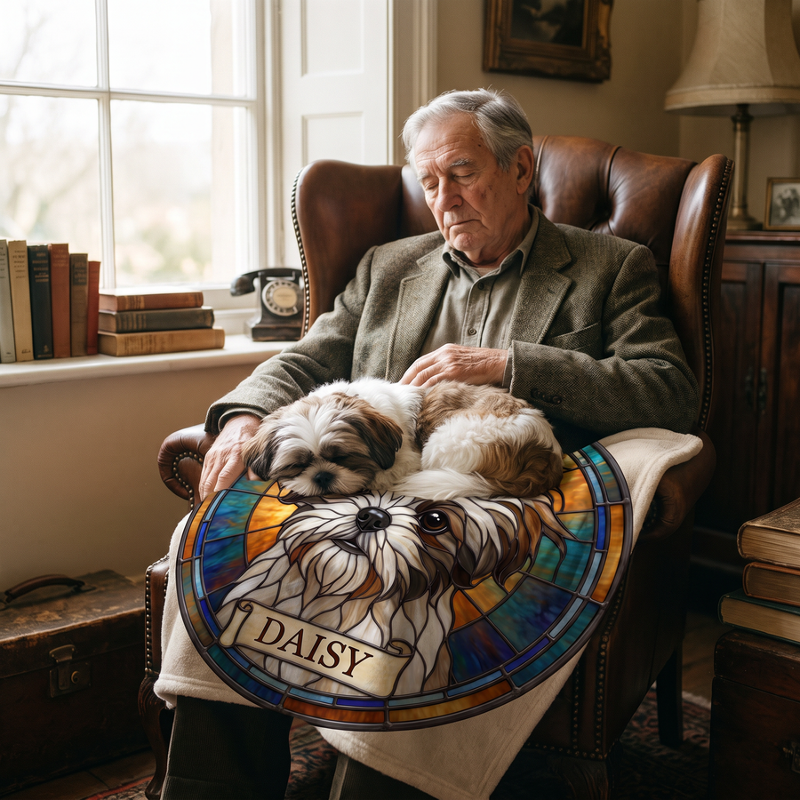Older man dozing with his shih tzu on a lap size stained glass pet blanket