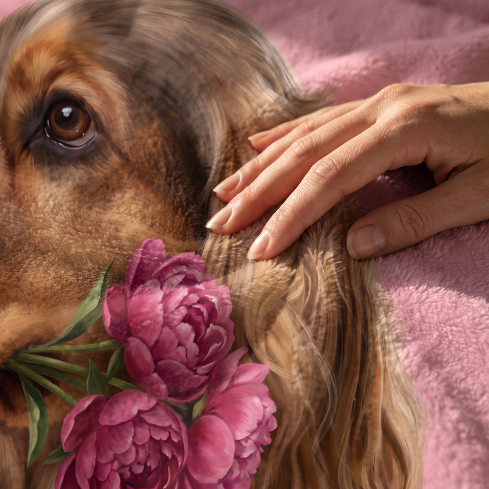 Close up of a hand on the ultra soft plush fleece showing the peony print