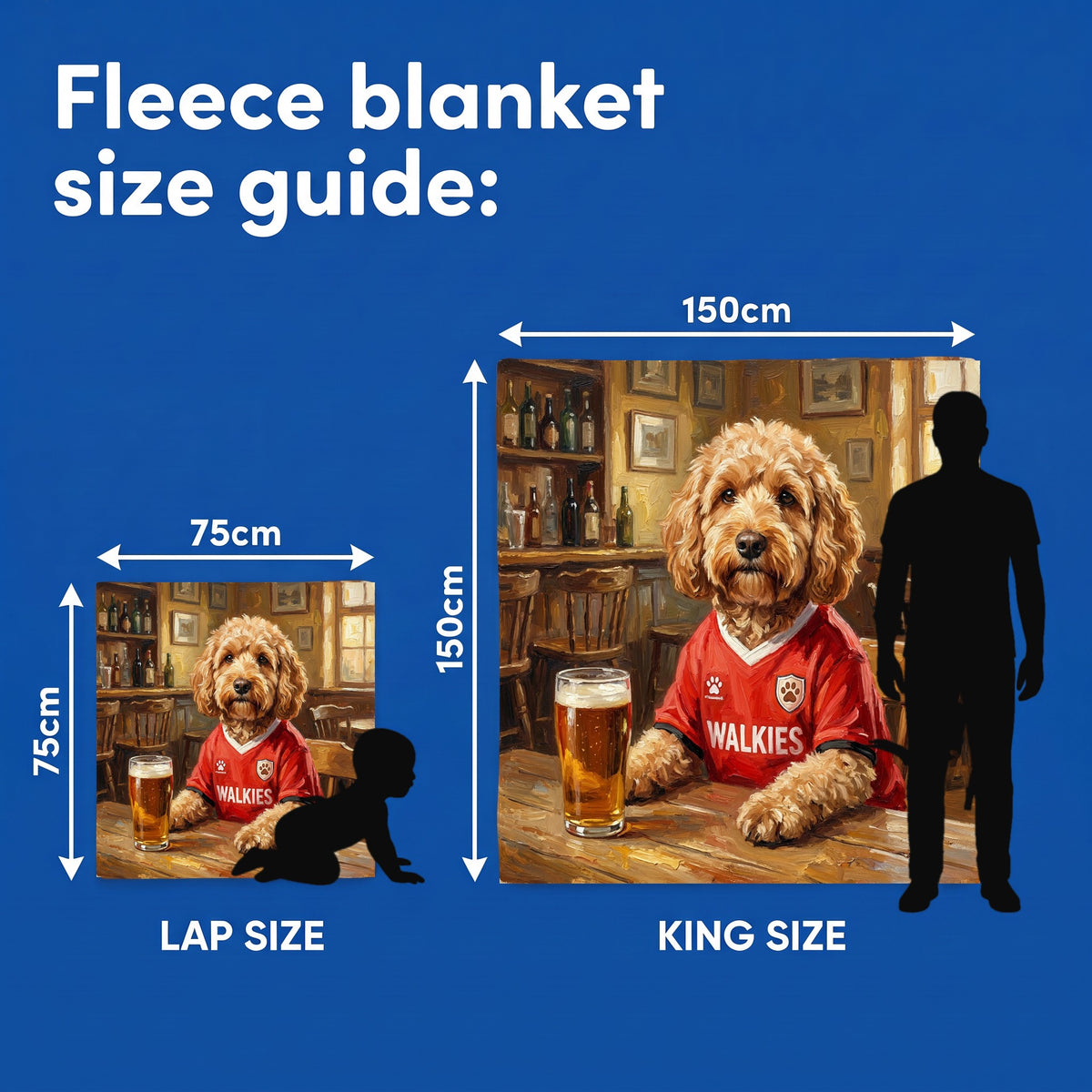 Fleece blanket size guide - Lap Size 75cm x 75cm and King Size 150cm x 150cm