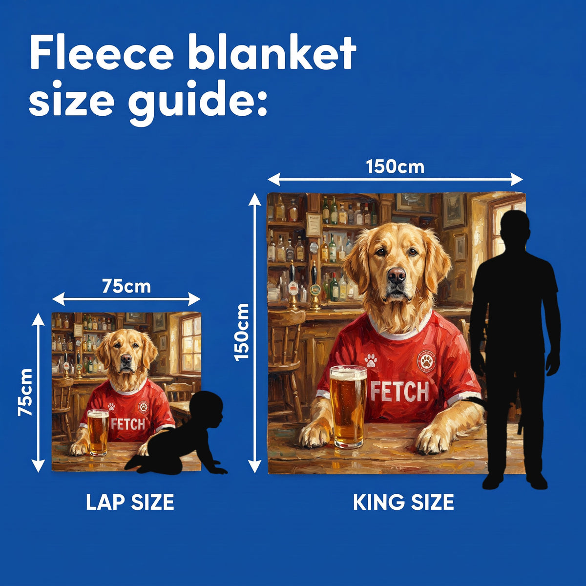 Fleece blanket size guide - Lap Size 75cm x 75cm and King Size 150cm x 150cm