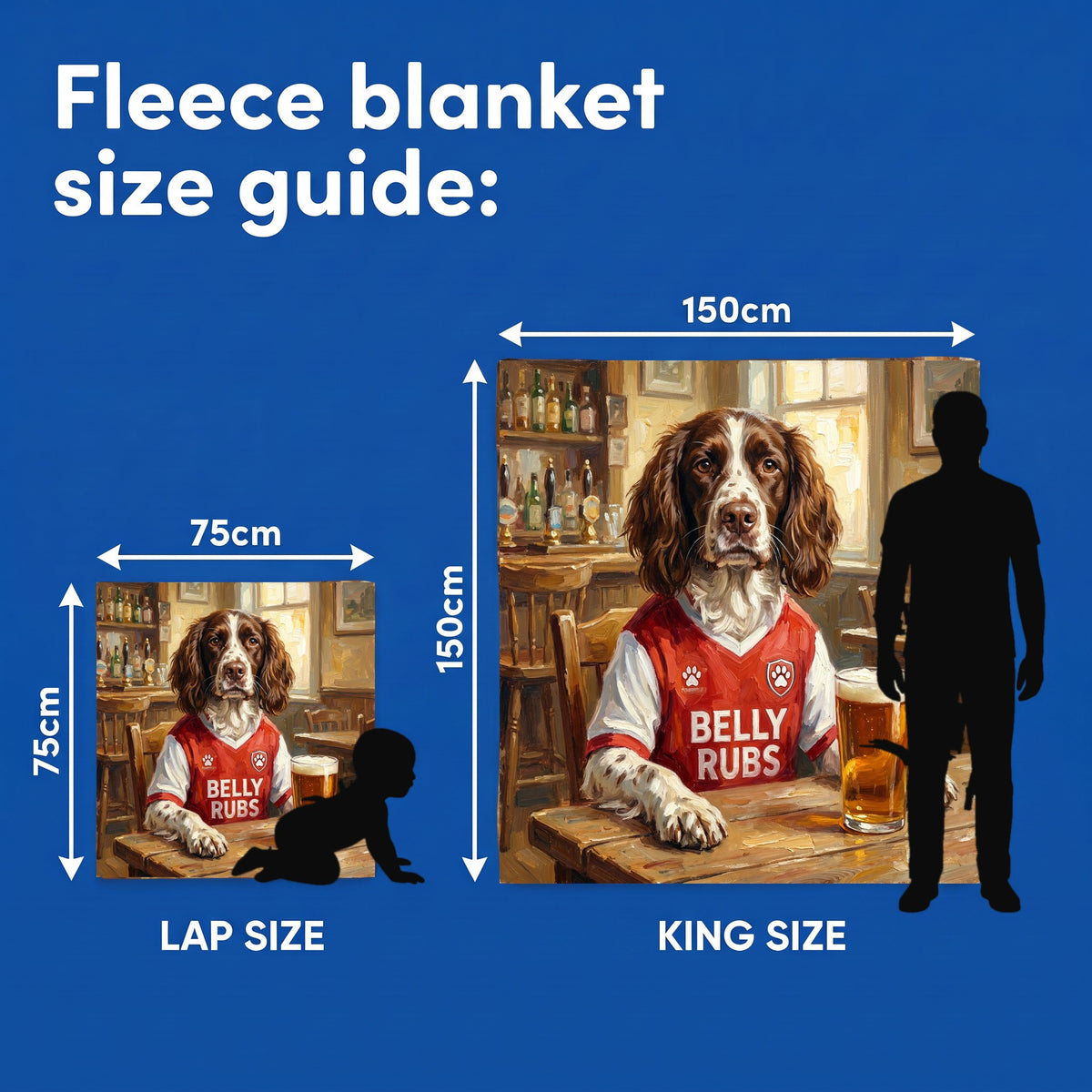Fleece blanket size guide - Lap Size 75cm x 75cm and King Size 150cm x 150cm