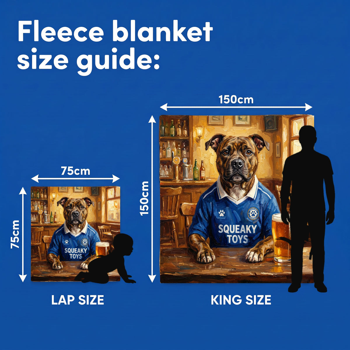 Fleece blanket size guide - Lap Size 75cm x 75cm and King Size 150cm x 150cm