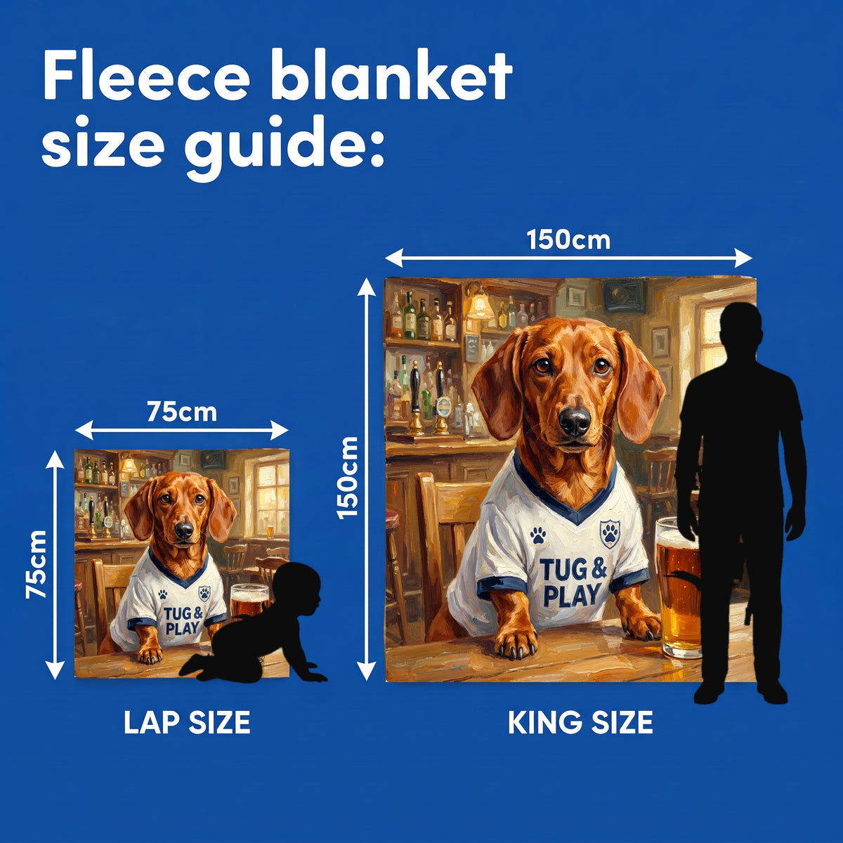 Fleece blanket size guide - Lap Size 75cm x 75cm and King Size 150cm x 150cm