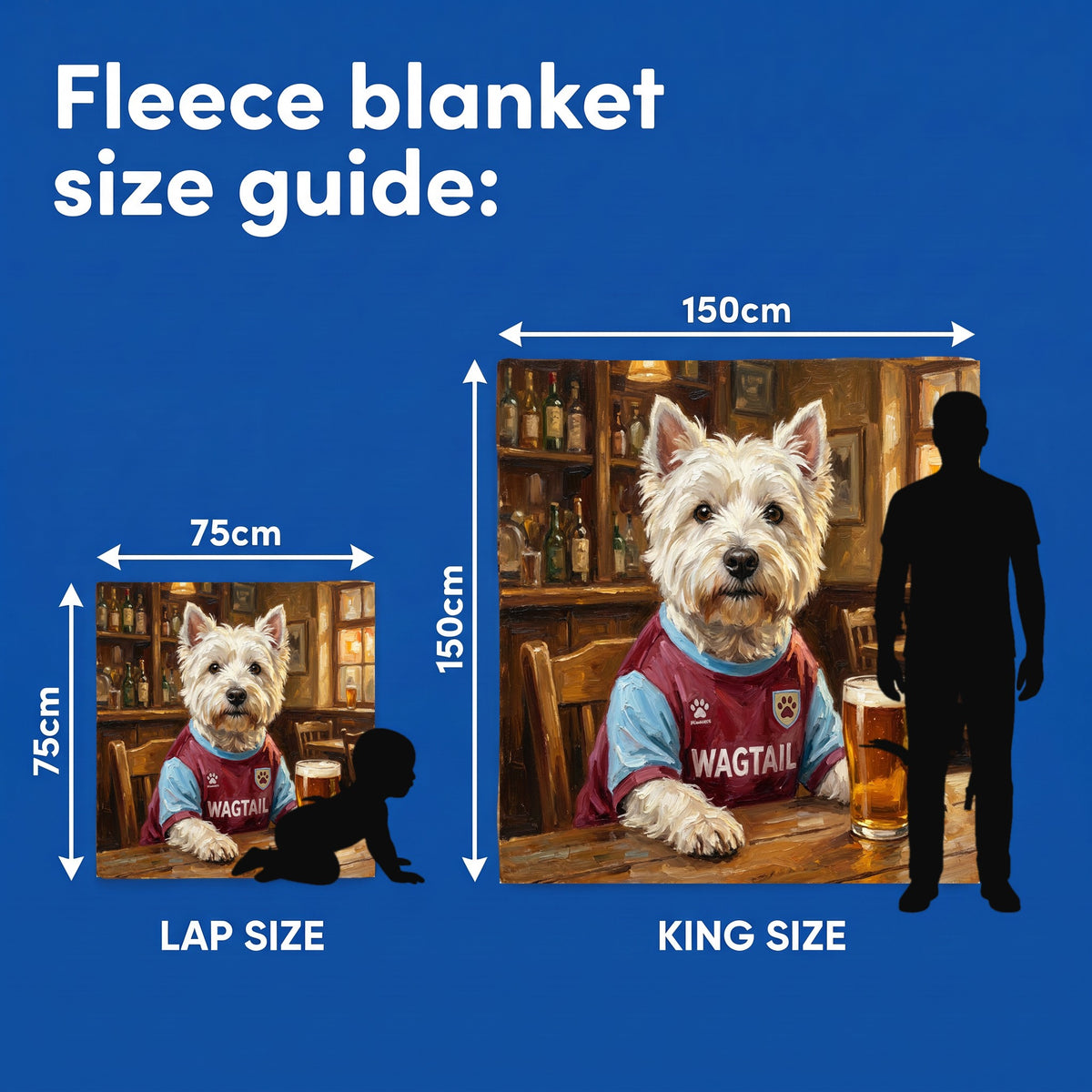 Fleece blanket size guide - Lap Size 75cm x 75cm and King Size 150cm x 150cm