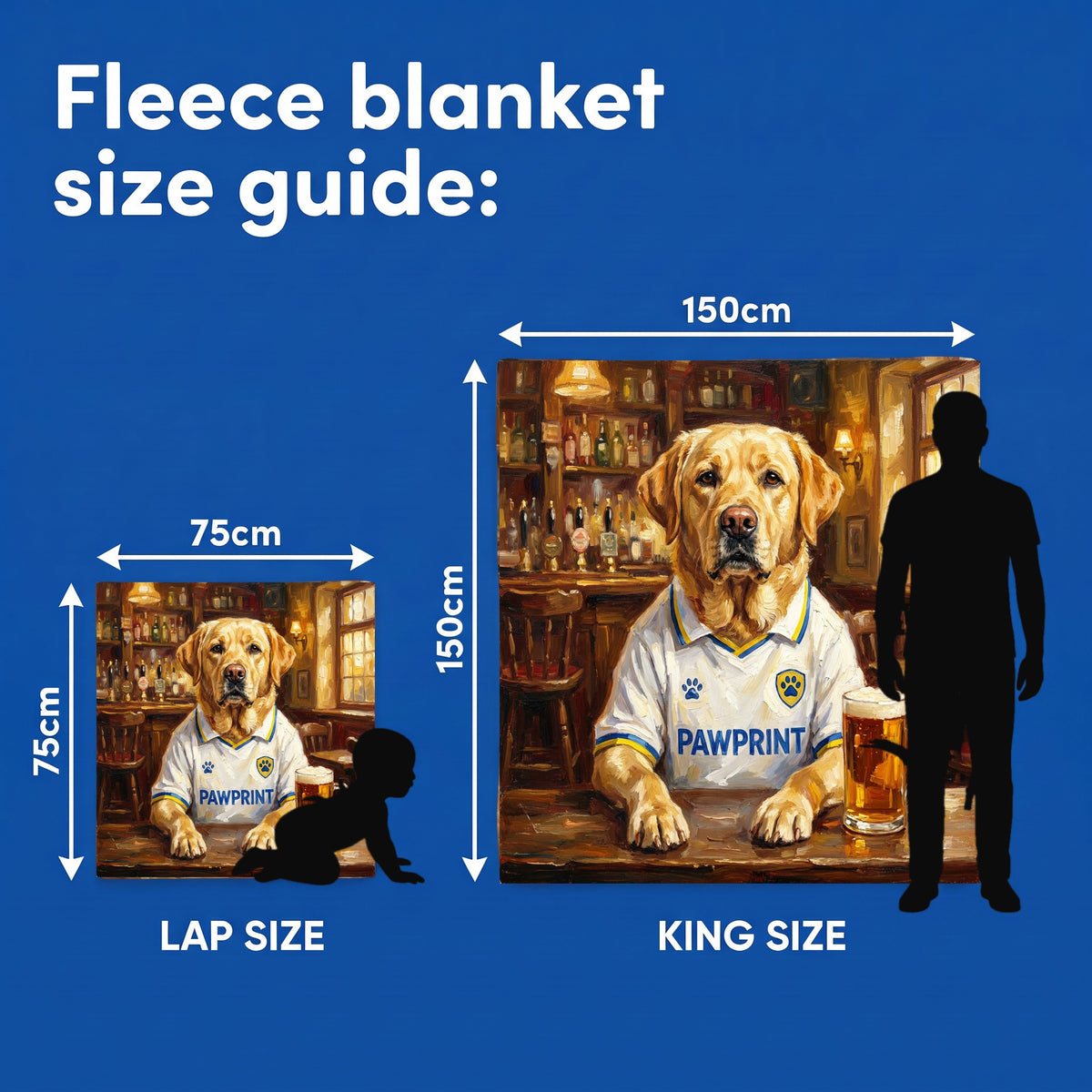 Fleece blanket size guide - Lap Size 75cm x 75cm and King Size 150cm x 150cm