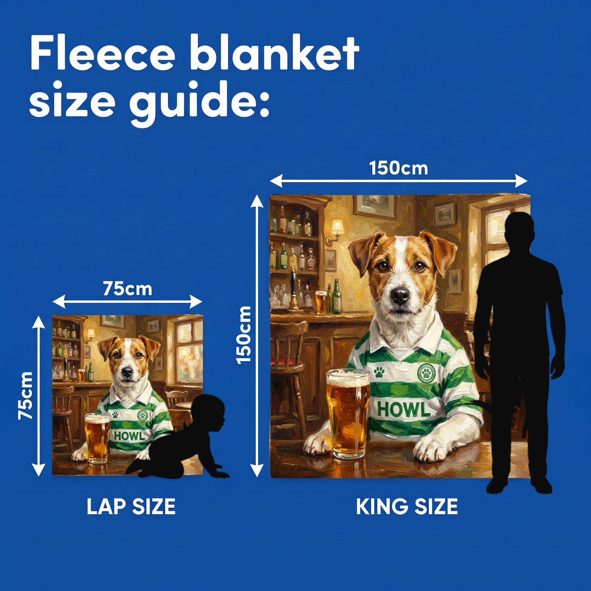 Fleece blanket size guide - Lap Size 75cm x 75cm and King Size 150cm x 150cm