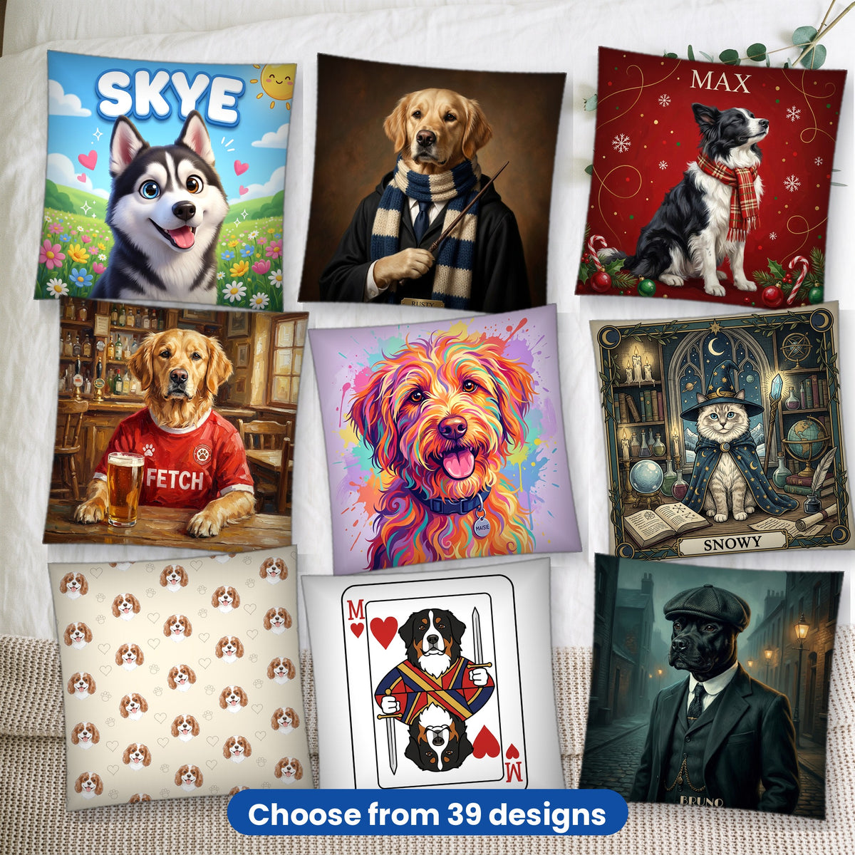 Choose from 51 pet portrait cushion designs