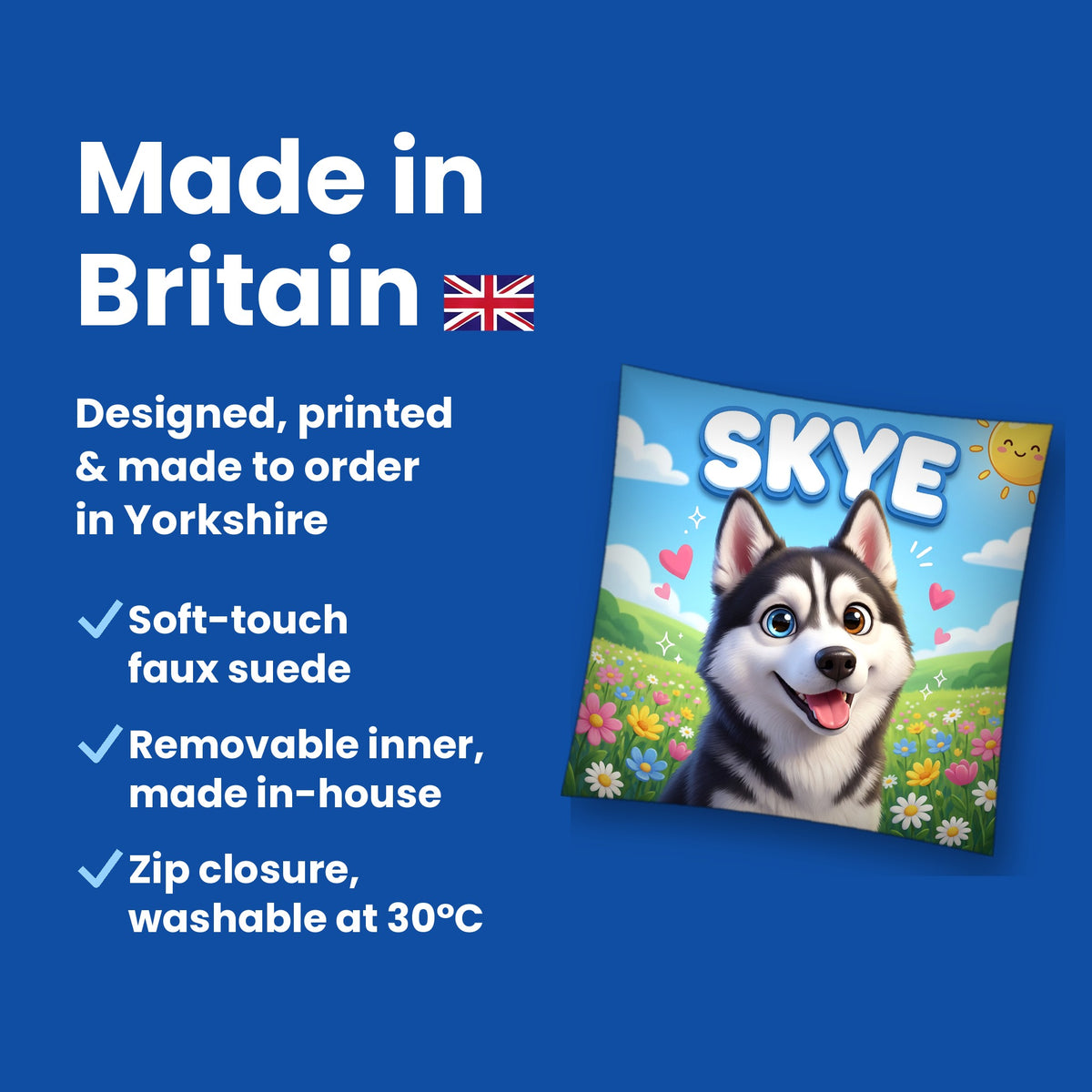 Made in Britain - designed, printed and made to order in Yorkshire, faux suede cushion with removable inner