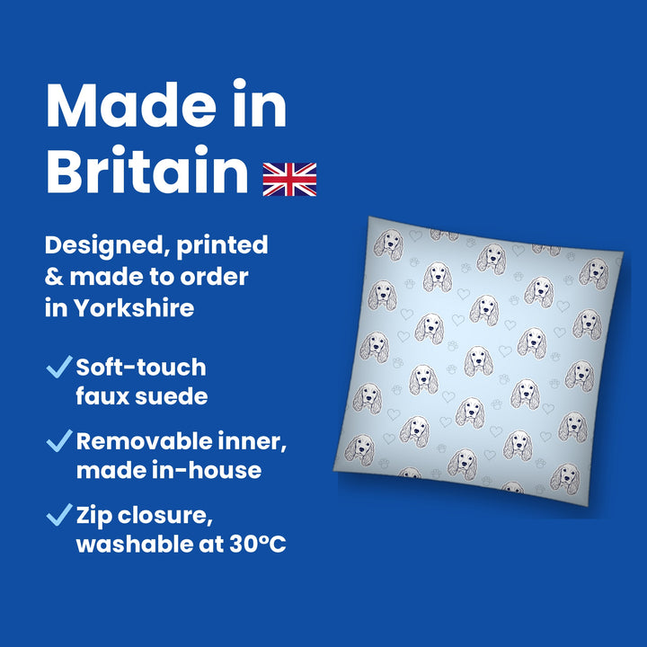 Made in Britain - designed, printed and made to order in Yorkshire, faux suede cushion with removable inner