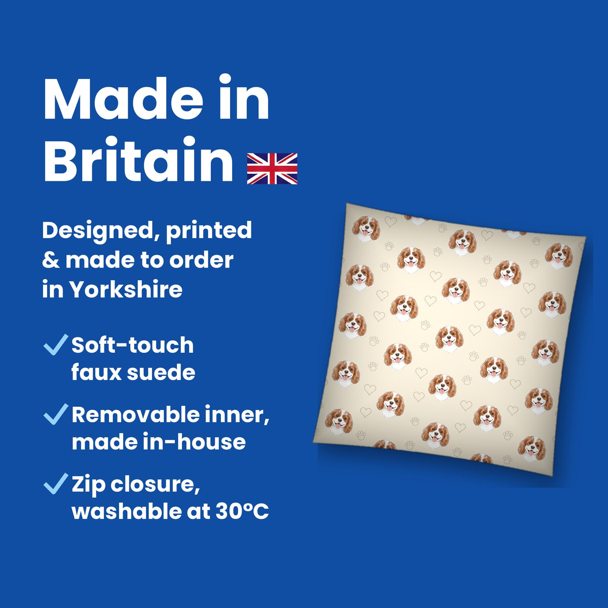 Made in Britain - designed, printed and made to order in Yorkshire, faux suede cushion with removable inner