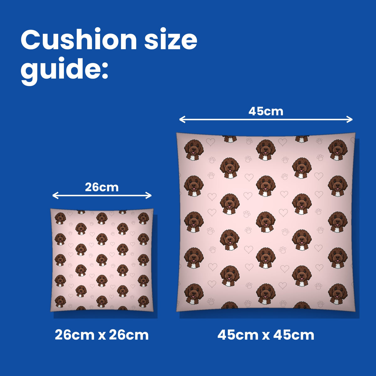Cushion size guide - 26cm x 26cm and 45cm x 45cm