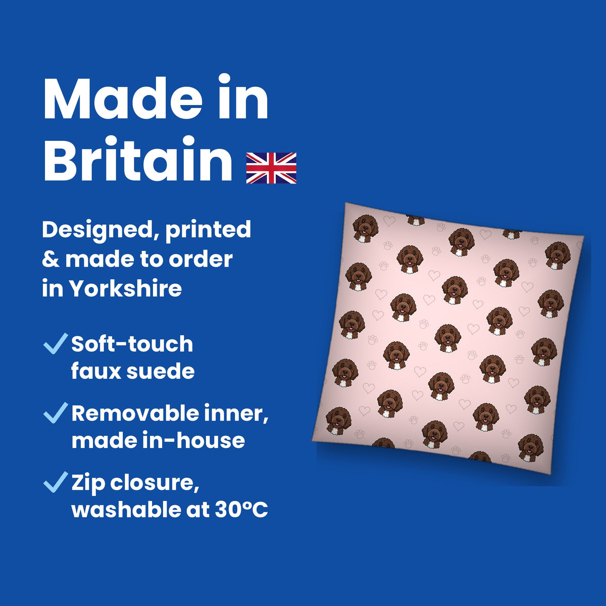 Made in Britain - designed, printed and made to order in Yorkshire, faux suede cushion with removable inner