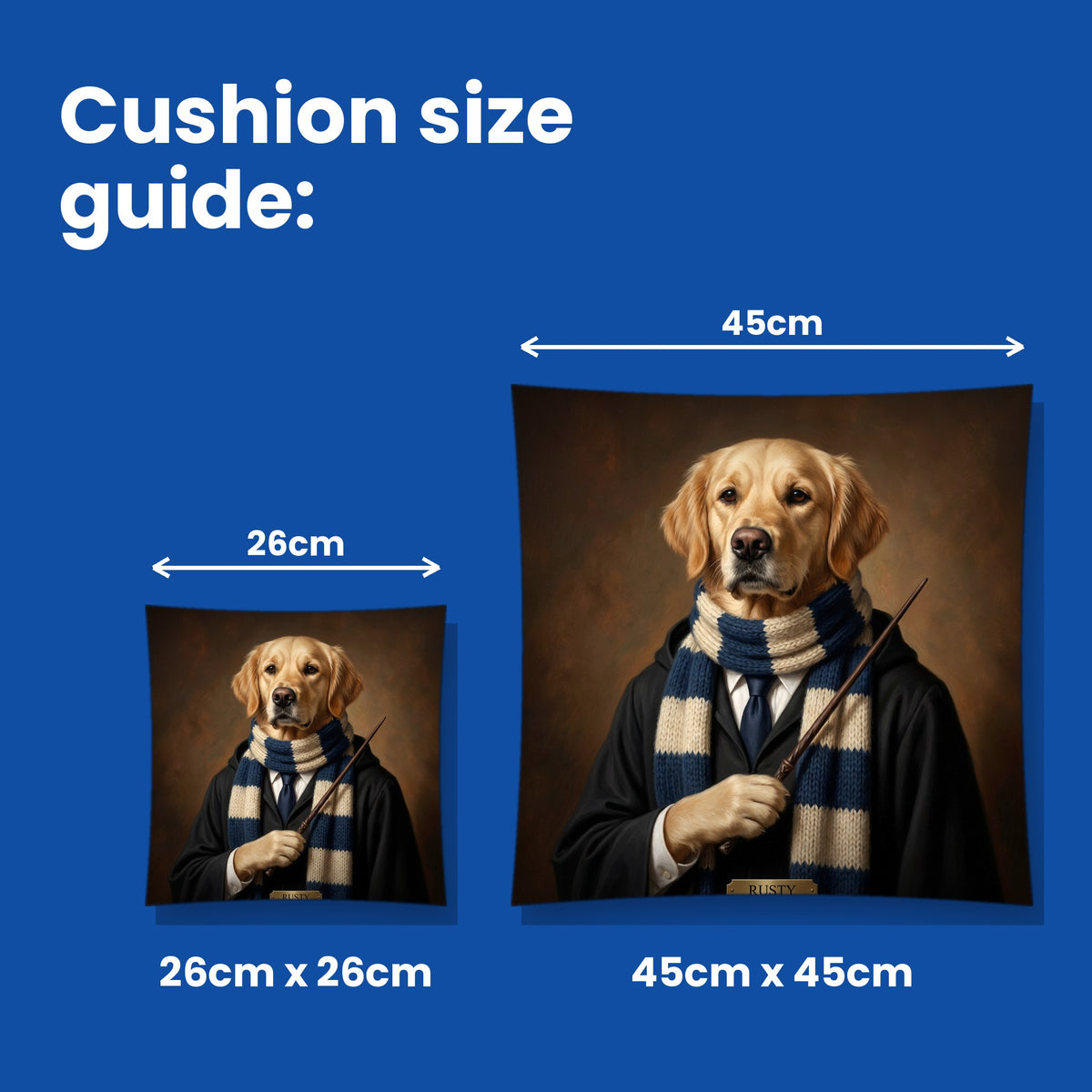 Cushion size guide - 26cm x 26cm and 45cm x 45cm