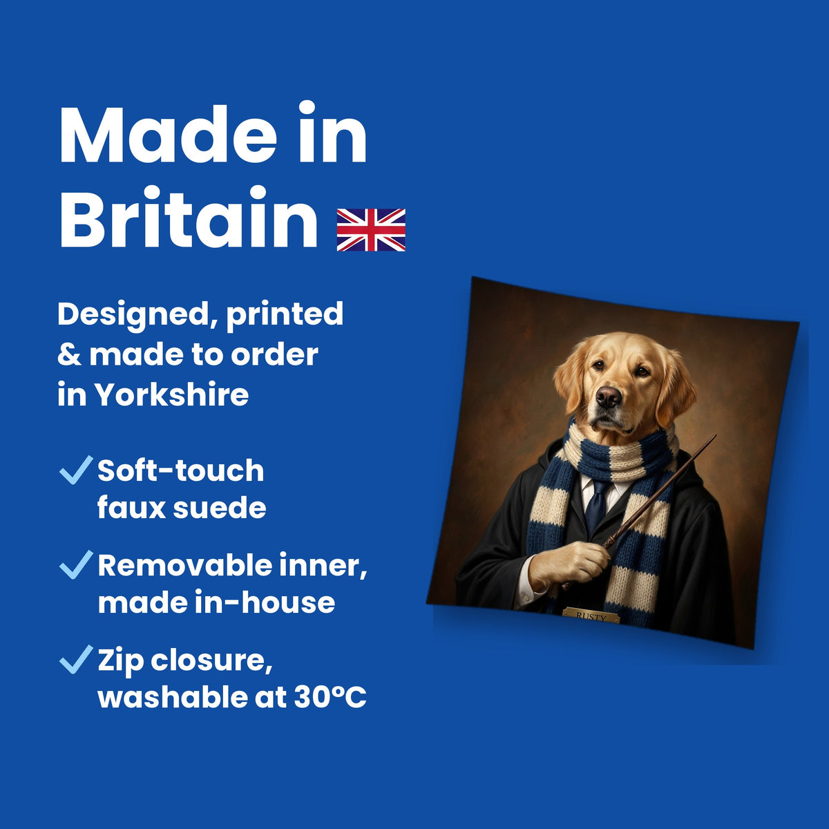 Made in Britain - designed, printed and made to order in Yorkshire, faux suede cushion with removable inner