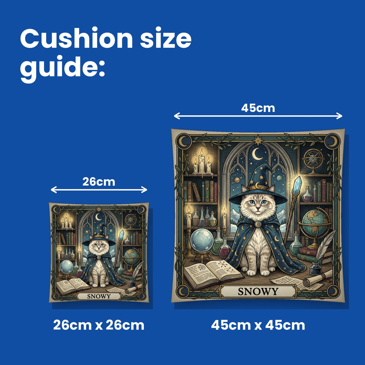 Cushion size guide - 26cm x 26cm and 45cm x 45cm