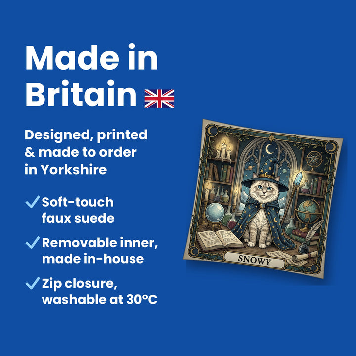 Made in Britain - designed, printed and made to order in Yorkshire, faux suede cushion with removable inner