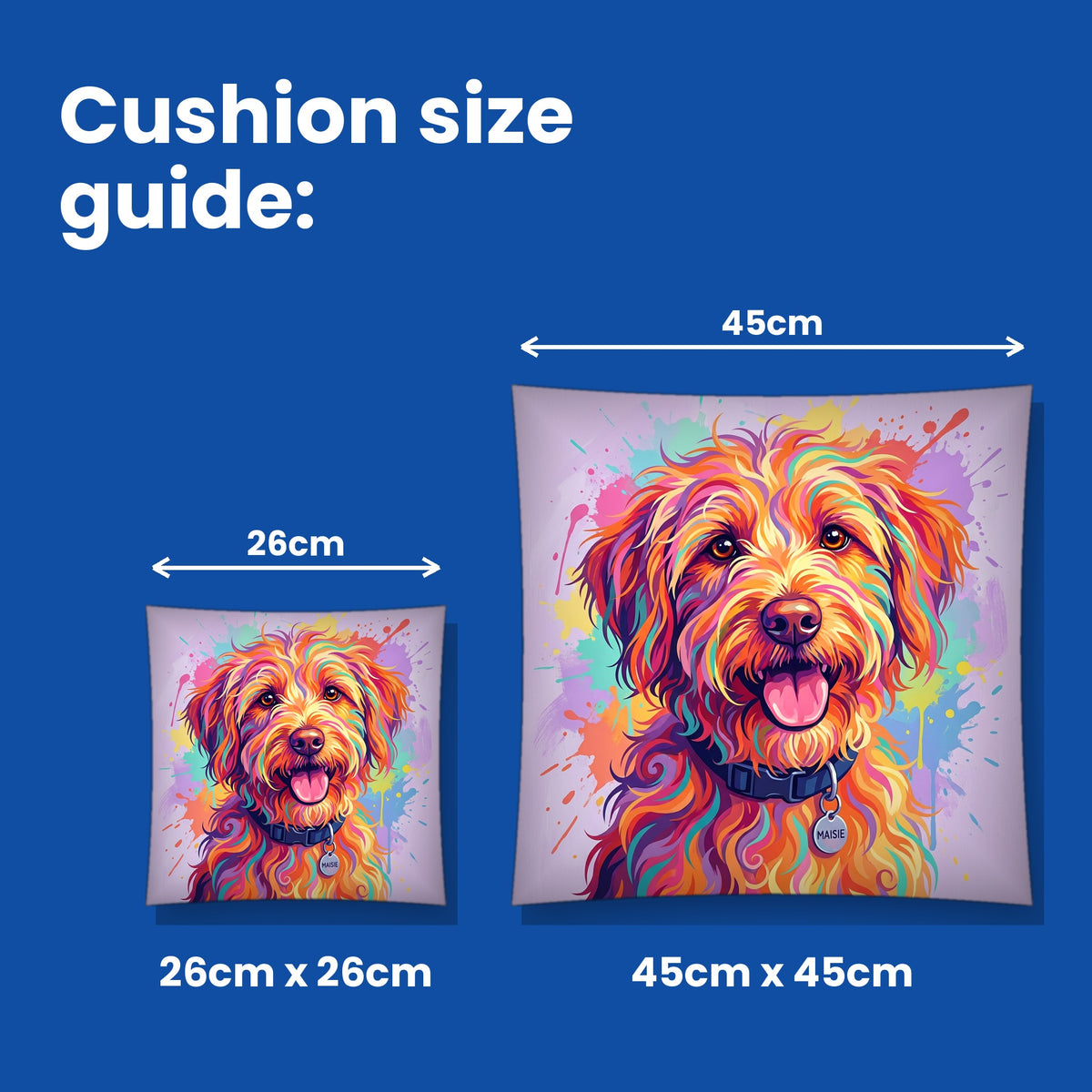 Cushion size guide - 26cm x 26cm and 45cm x 45cm