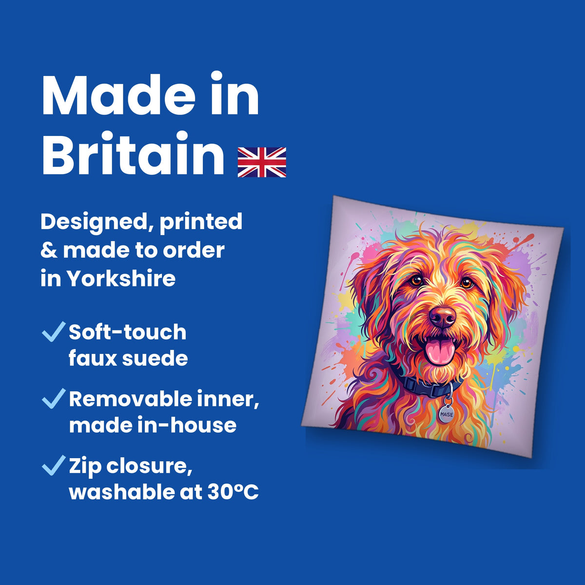 Made in Britain - designed, printed and made to order in Yorkshire, faux suede cushion with removable inner