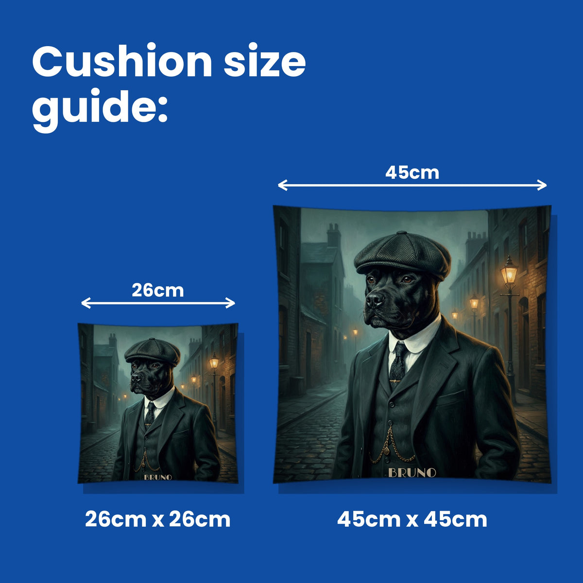 Cushion size guide - 26cm x 26cm and 45cm x 45cm