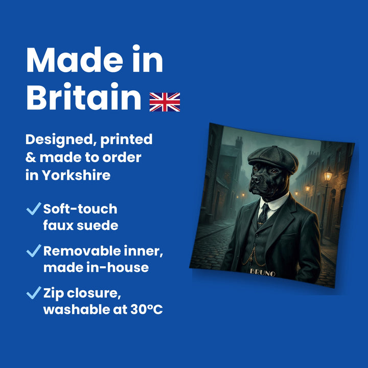 Made in Britain - designed, printed and made to order in Yorkshire, faux suede cushion with removable inner