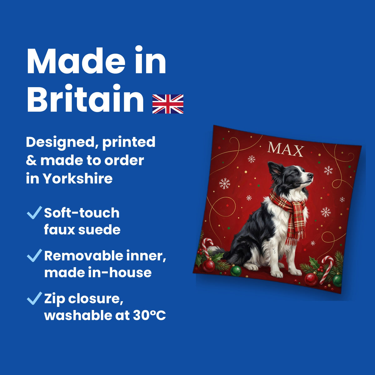 Made in Britain - designed, printed and made to order in Yorkshire, faux suede cushion with removable inner