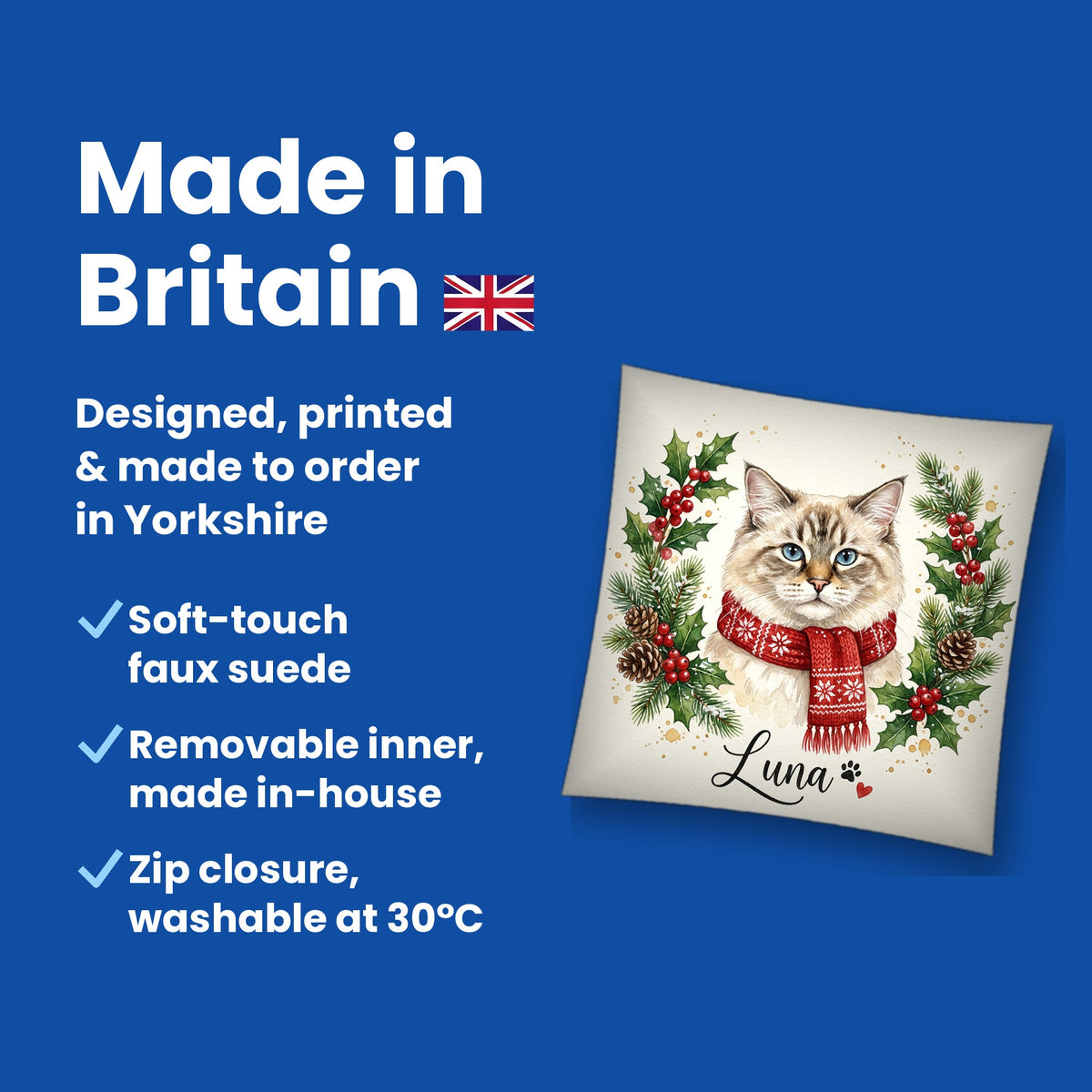 Made in Britain - designed, printed and made to order in Yorkshire, faux suede cushion with removable inner