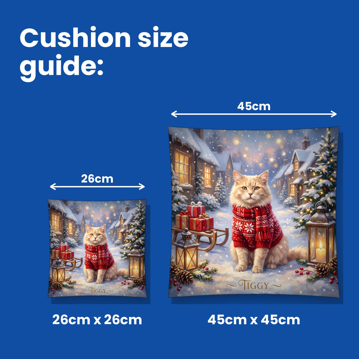 Cushion size guide - 26cm x 26cm and 45cm x 45cm