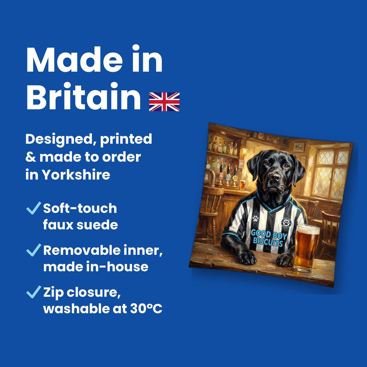 Made in Britain - designed, printed and made to order in Yorkshire, faux suede cushion with removable inner
