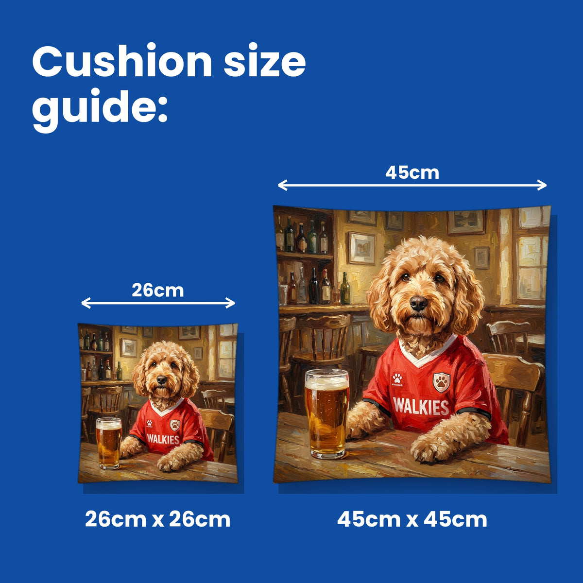 Cushion size guide - 26cm x 26cm and 45cm x 45cm