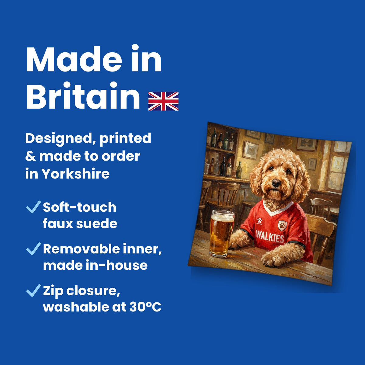 Made in Britain - designed, printed and made to order in Yorkshire, faux suede cushion with removable inner