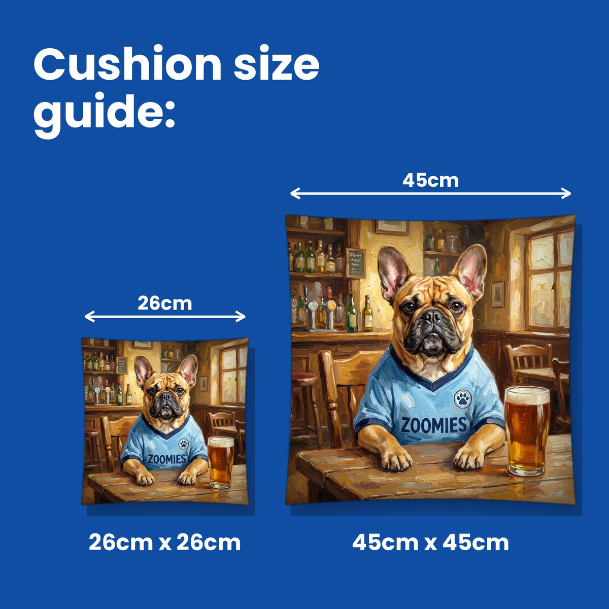 Cushion size guide - 26cm x 26cm and 45cm x 45cm