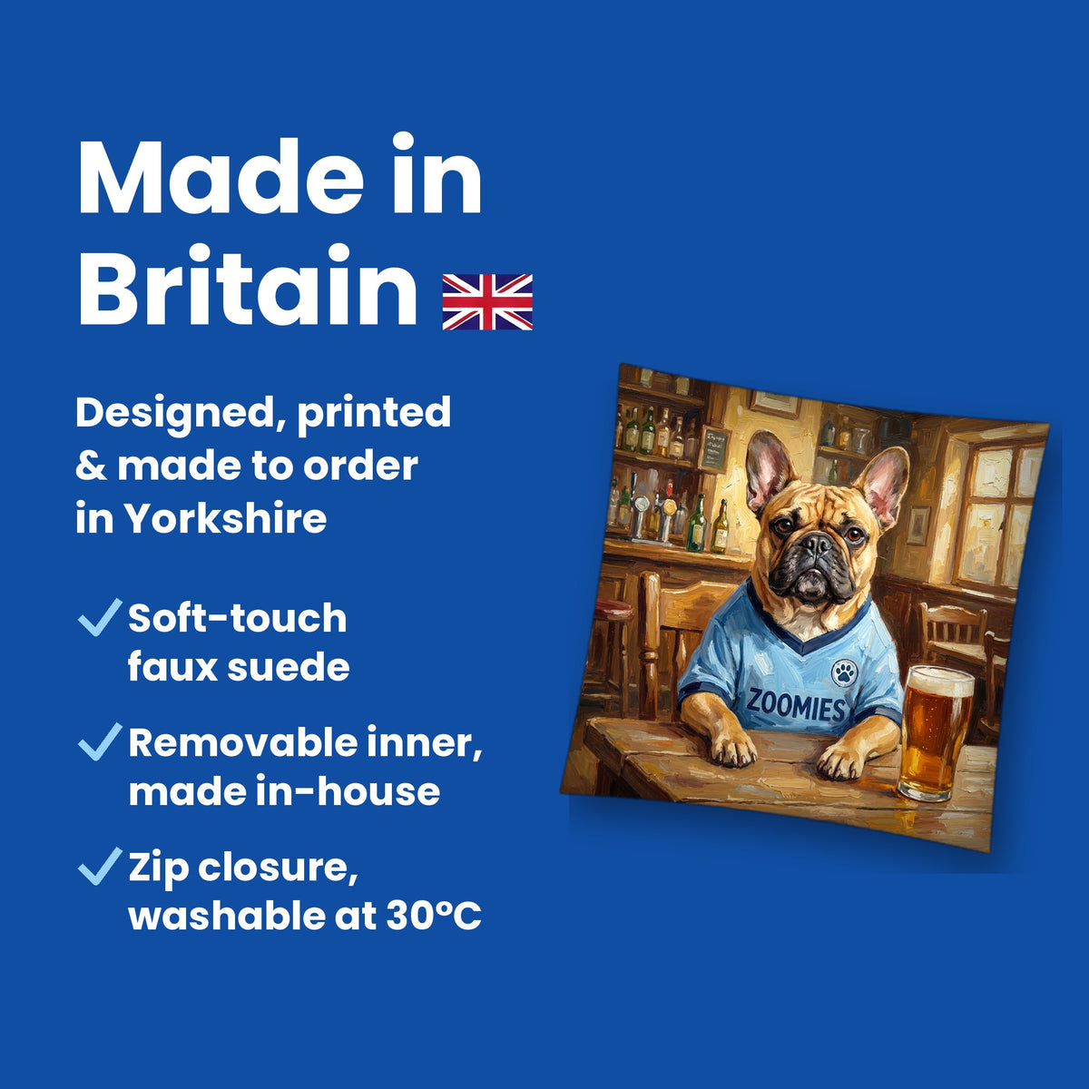 Made in Britain - designed, printed and made to order in Yorkshire, faux suede cushion with removable inner