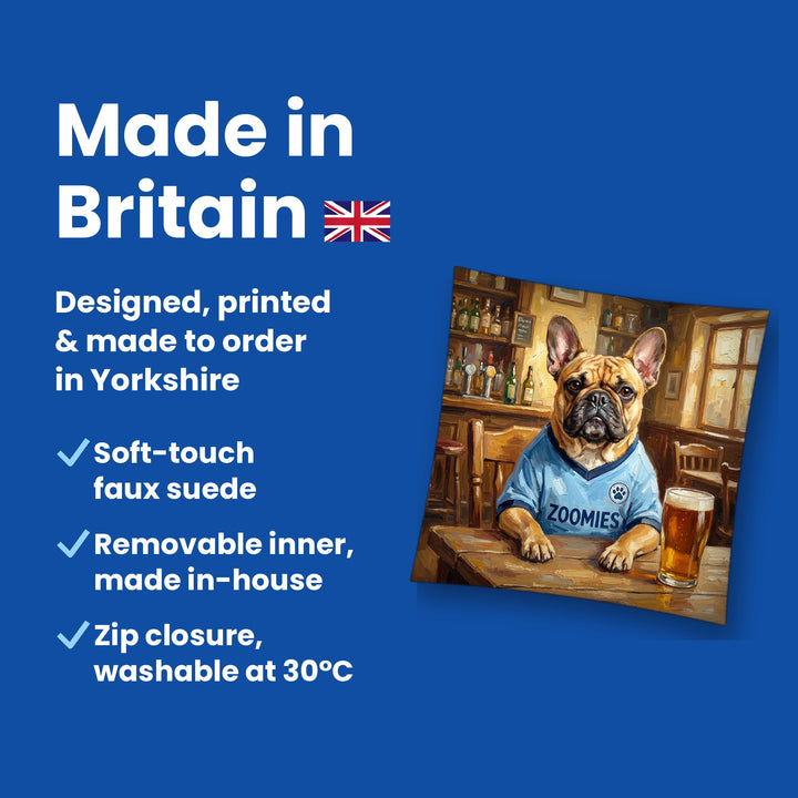 Made in Britain - designed, printed and made to order in Yorkshire, faux suede cushion with removable inner