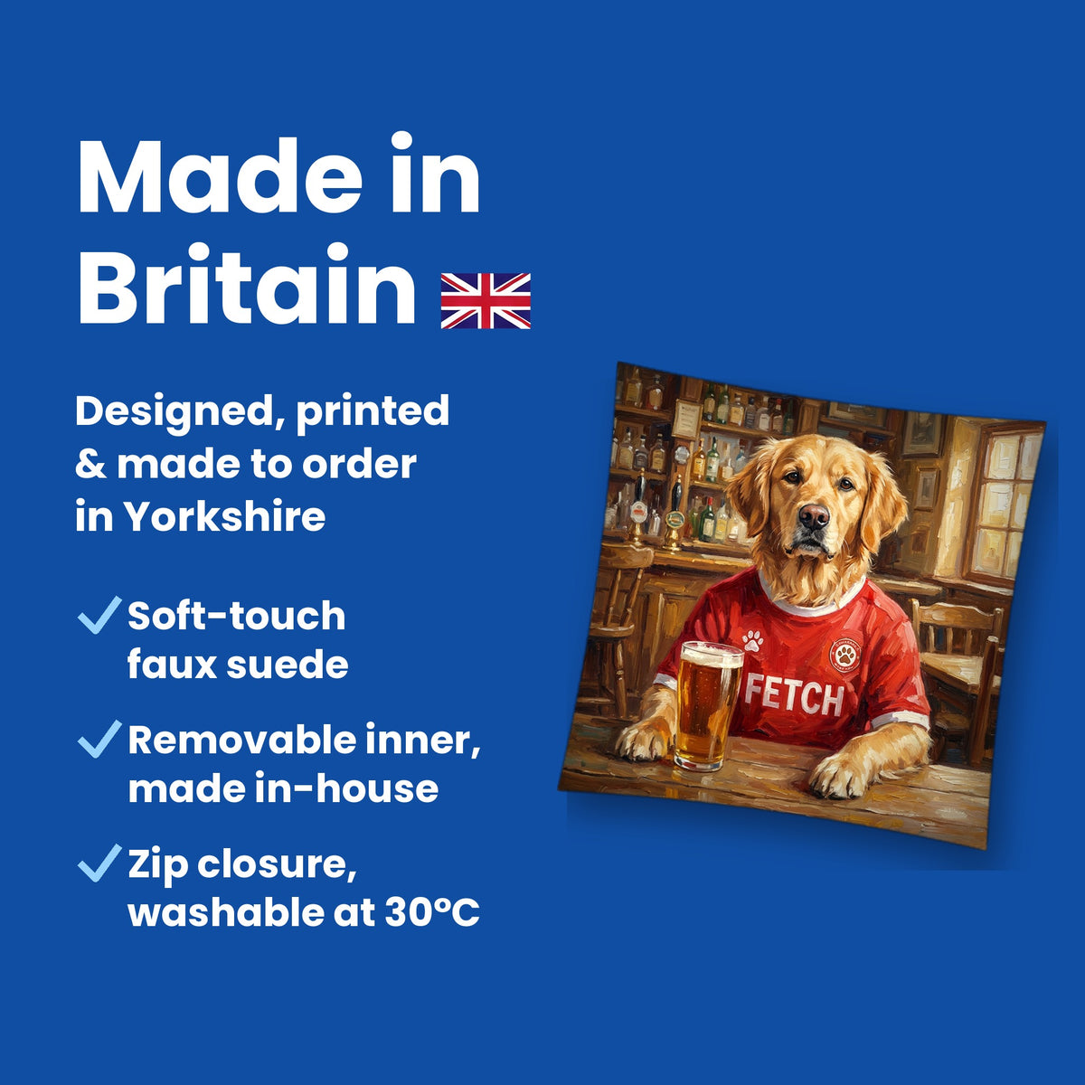 Made in Britain - designed, printed and made to order in Yorkshire, faux suede cushion with removable inner