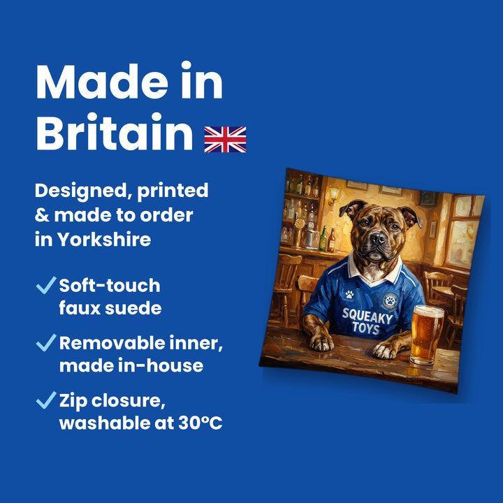 Made in Britain - designed, printed and made to order in Yorkshire, faux suede cushion with removable inner