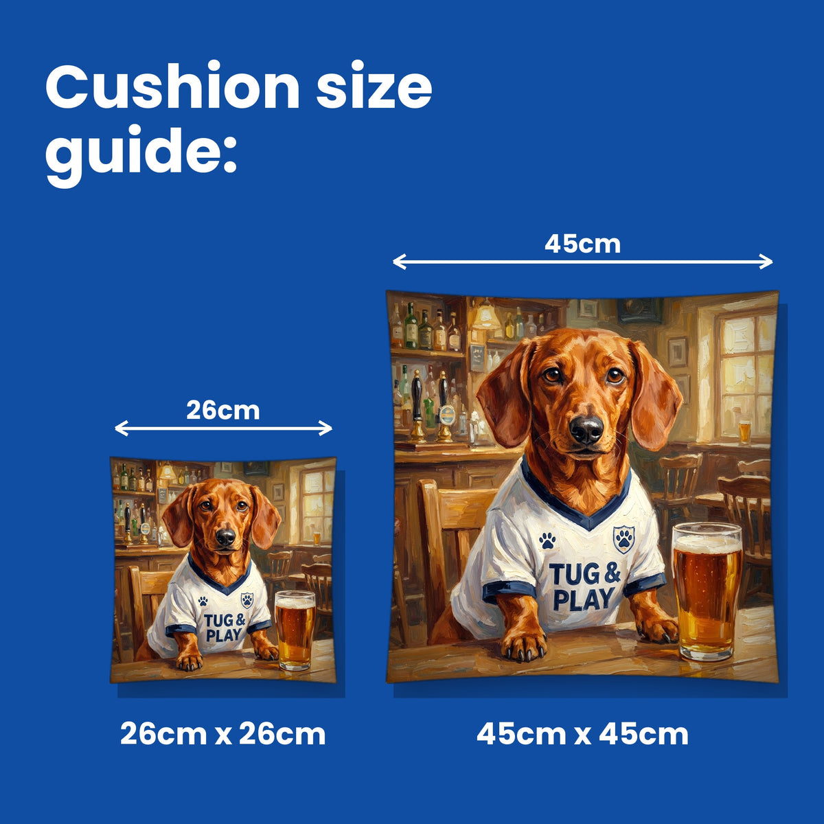Cushion size guide - 26cm x 26cm and 45cm x 45cm