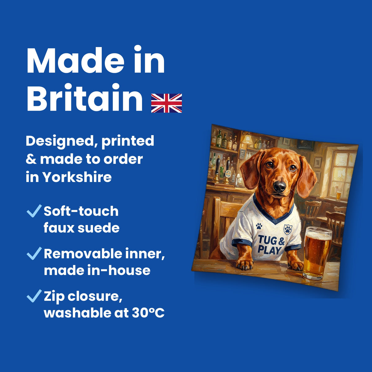 Made in Britain - designed, printed and made to order in Yorkshire, faux suede cushion with removable inner