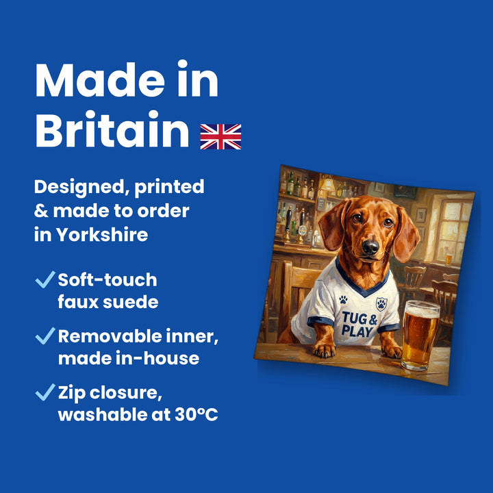 Made in Britain - designed, printed and made to order in Yorkshire, faux suede cushion with removable inner