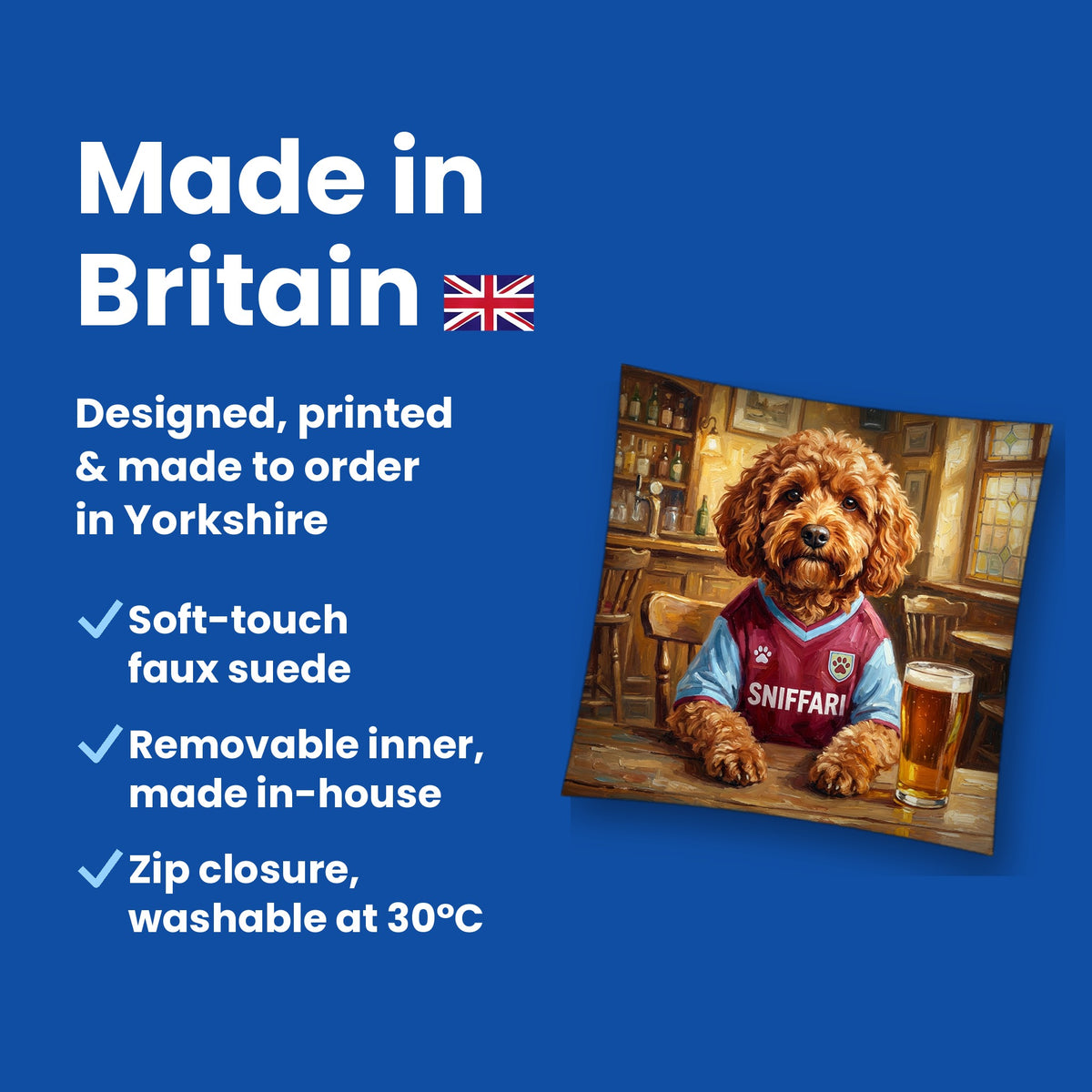 Made in Britain - designed, printed and made to order in Yorkshire, faux suede cushion with removable inner