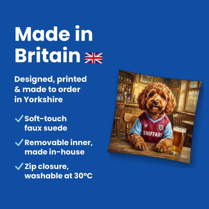 Made in Britain - designed, printed and made to order in Yorkshire, faux suede cushion with removable inner