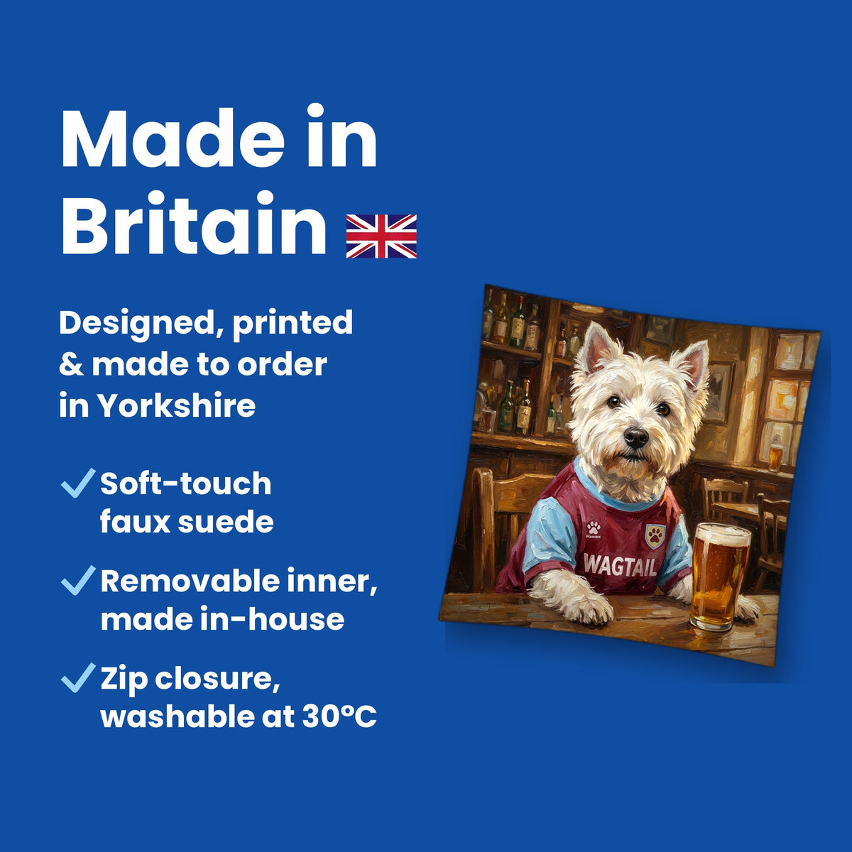 Made in Britain - designed, printed and made to order in Yorkshire, faux suede cushion with removable inner