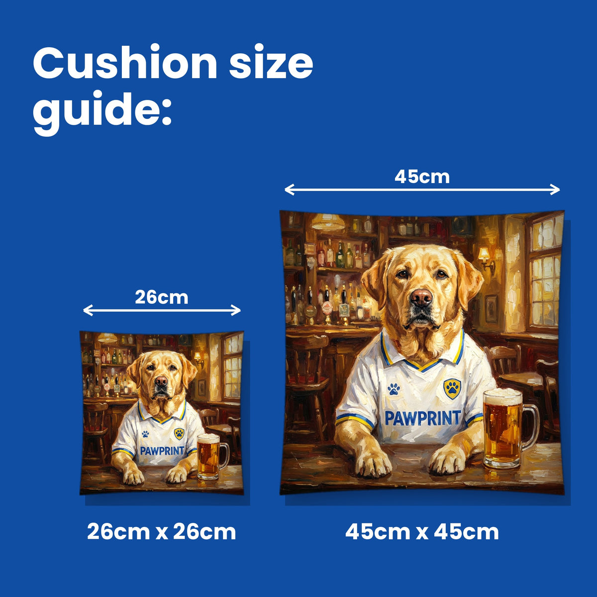 Cushion size guide - 26cm x 26cm and 45cm x 45cm