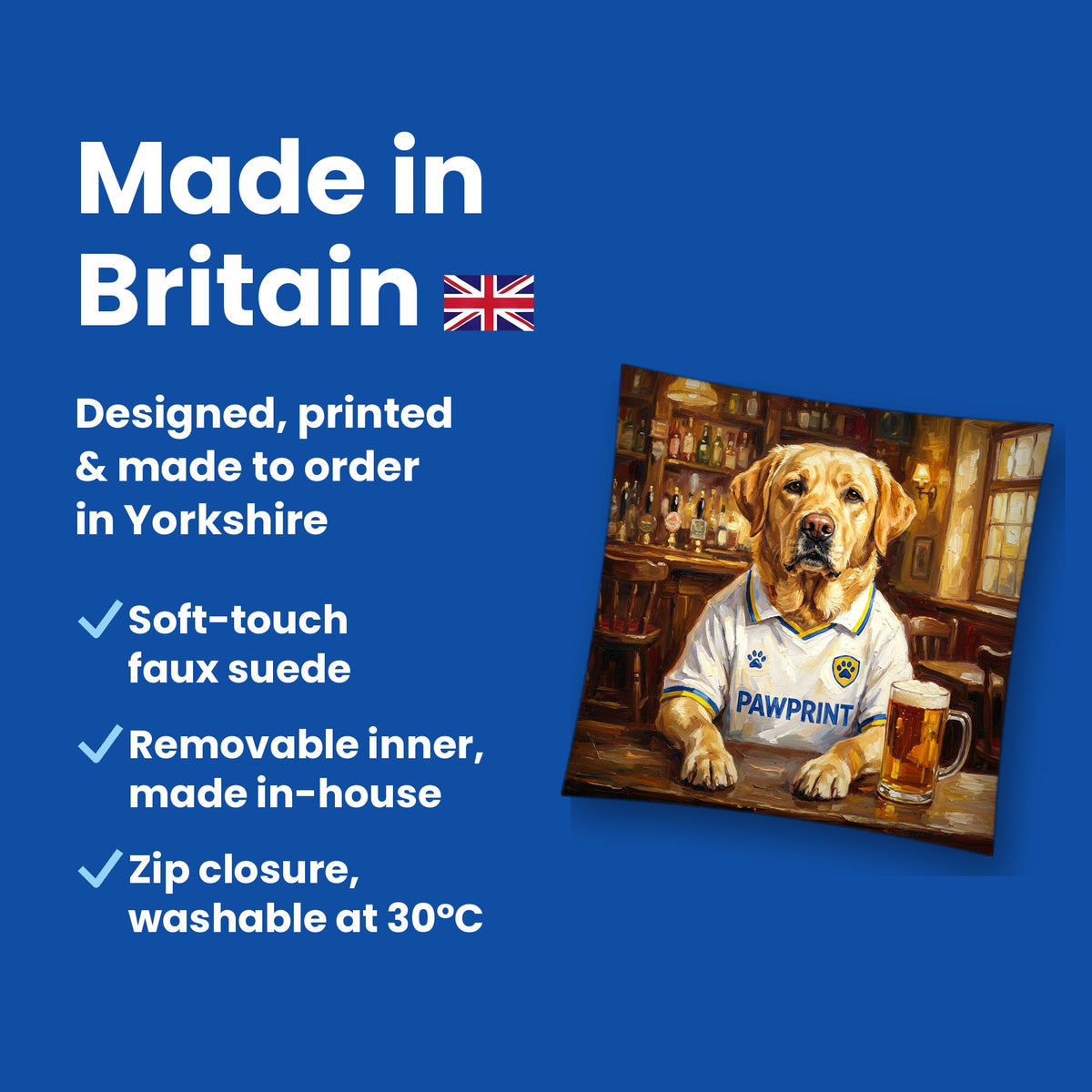 Made in Britain - designed, printed and made to order in Yorkshire, faux suede cushion with removable inner