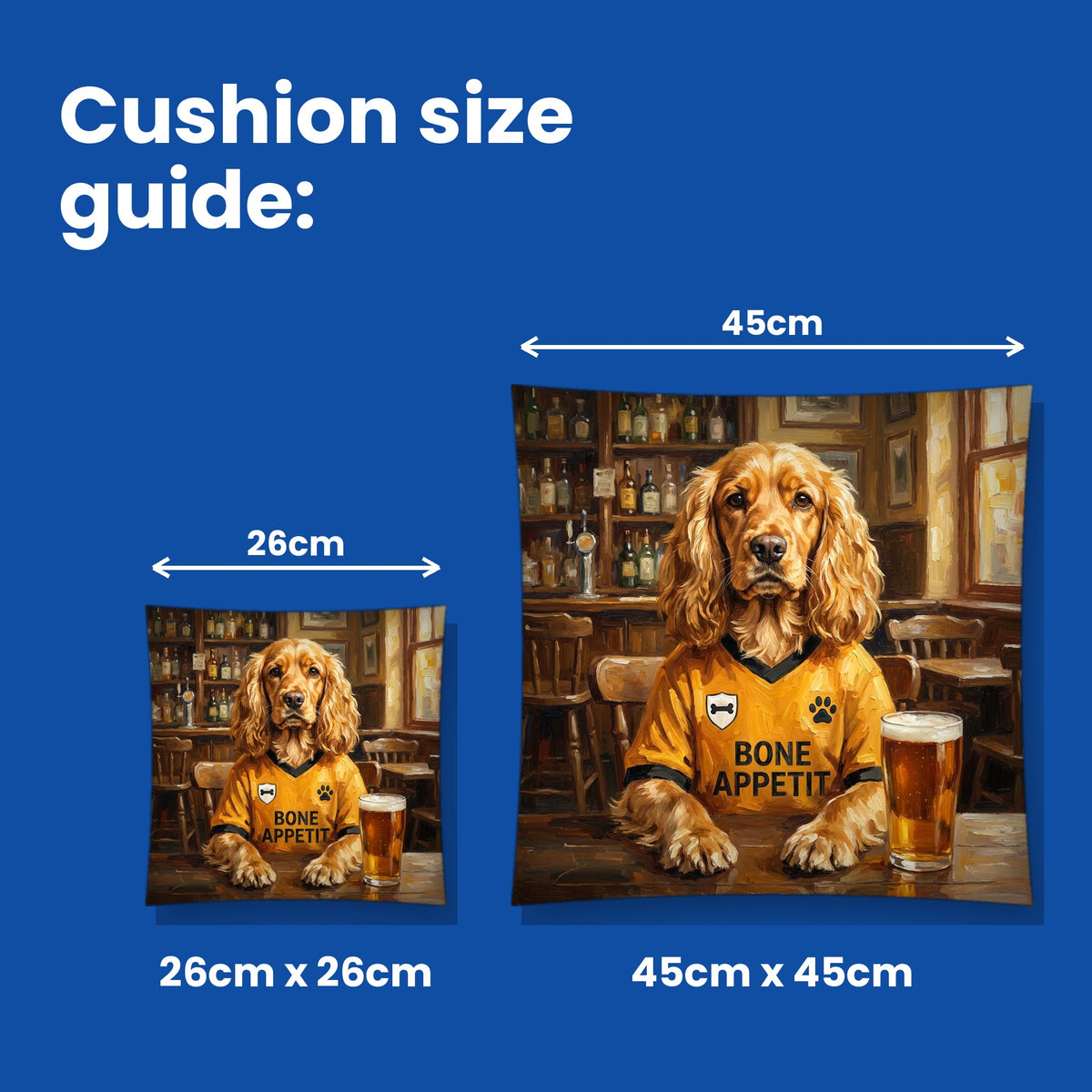 Cushion size guide - 26cm x 26cm and 45cm x 45cm