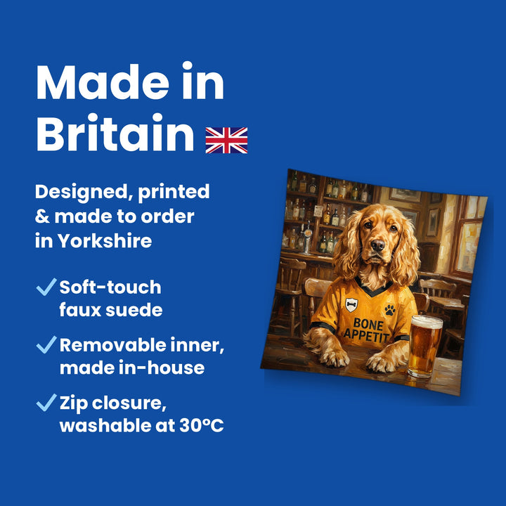 Made in Britain - designed, printed and made to order in Yorkshire, faux suede cushion with removable inner