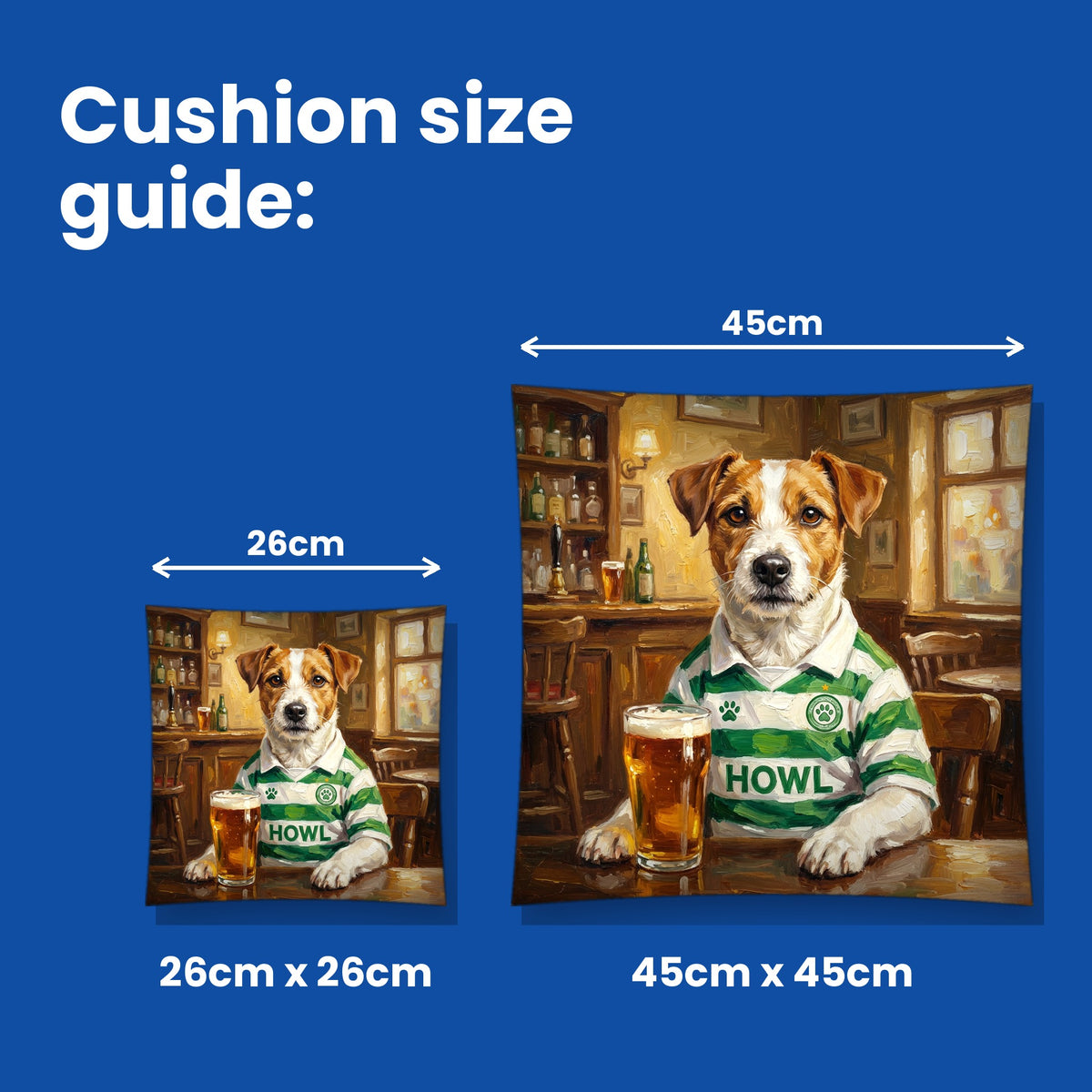 Cushion size guide - 26cm x 26cm and 45cm x 45cm