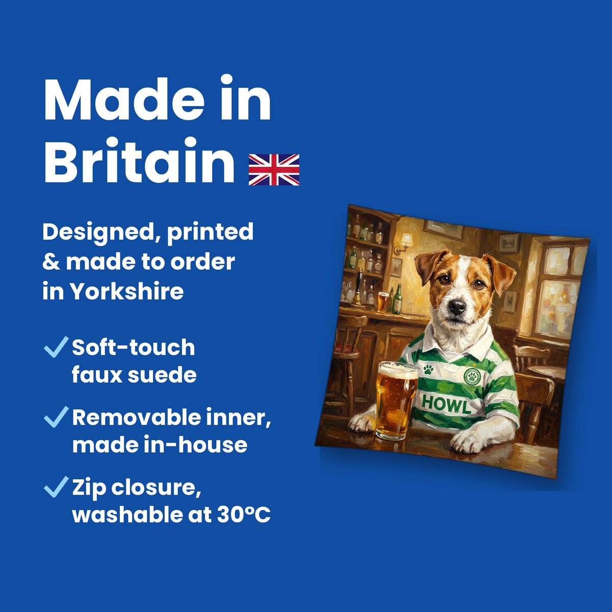 Made in Britain - designed, printed and made to order in Yorkshire, faux suede cushion with removable inner