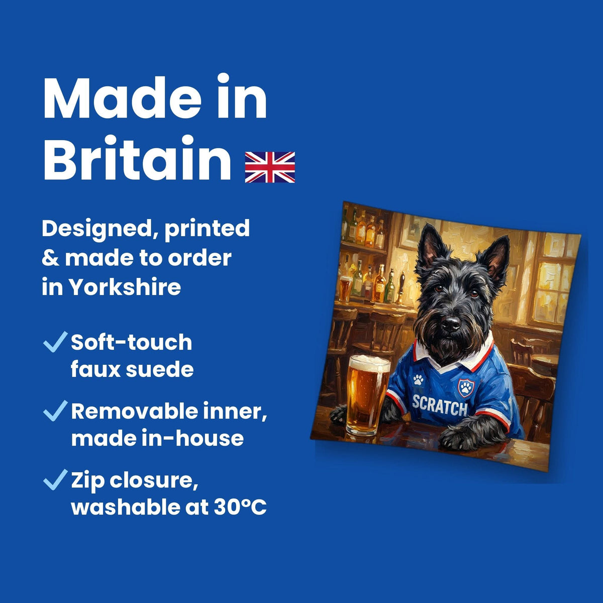 Made in Britain - designed, printed and made to order in Yorkshire, faux suede cushion with removable inner