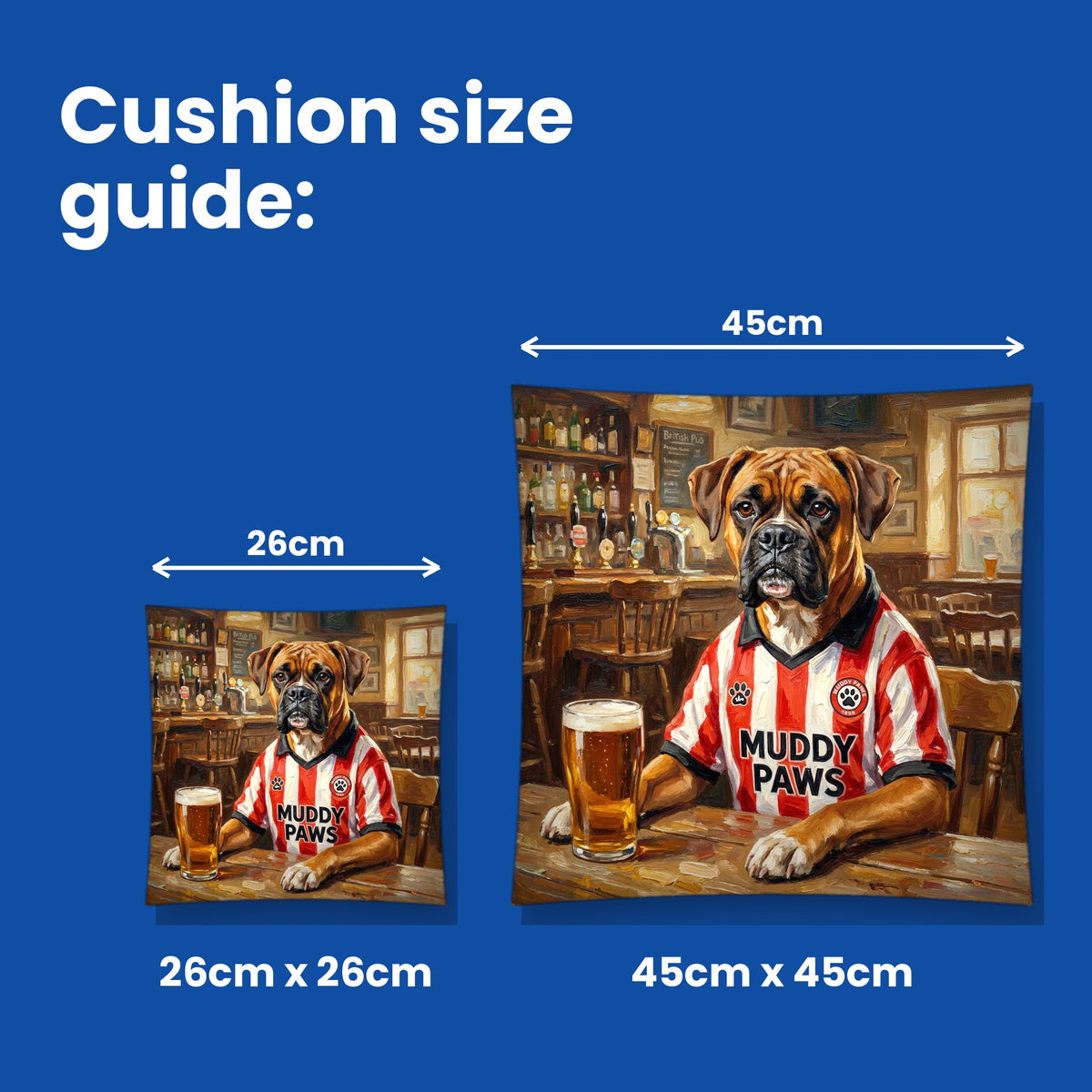 Cushion size guide - 26cm x 26cm and 45cm x 45cm