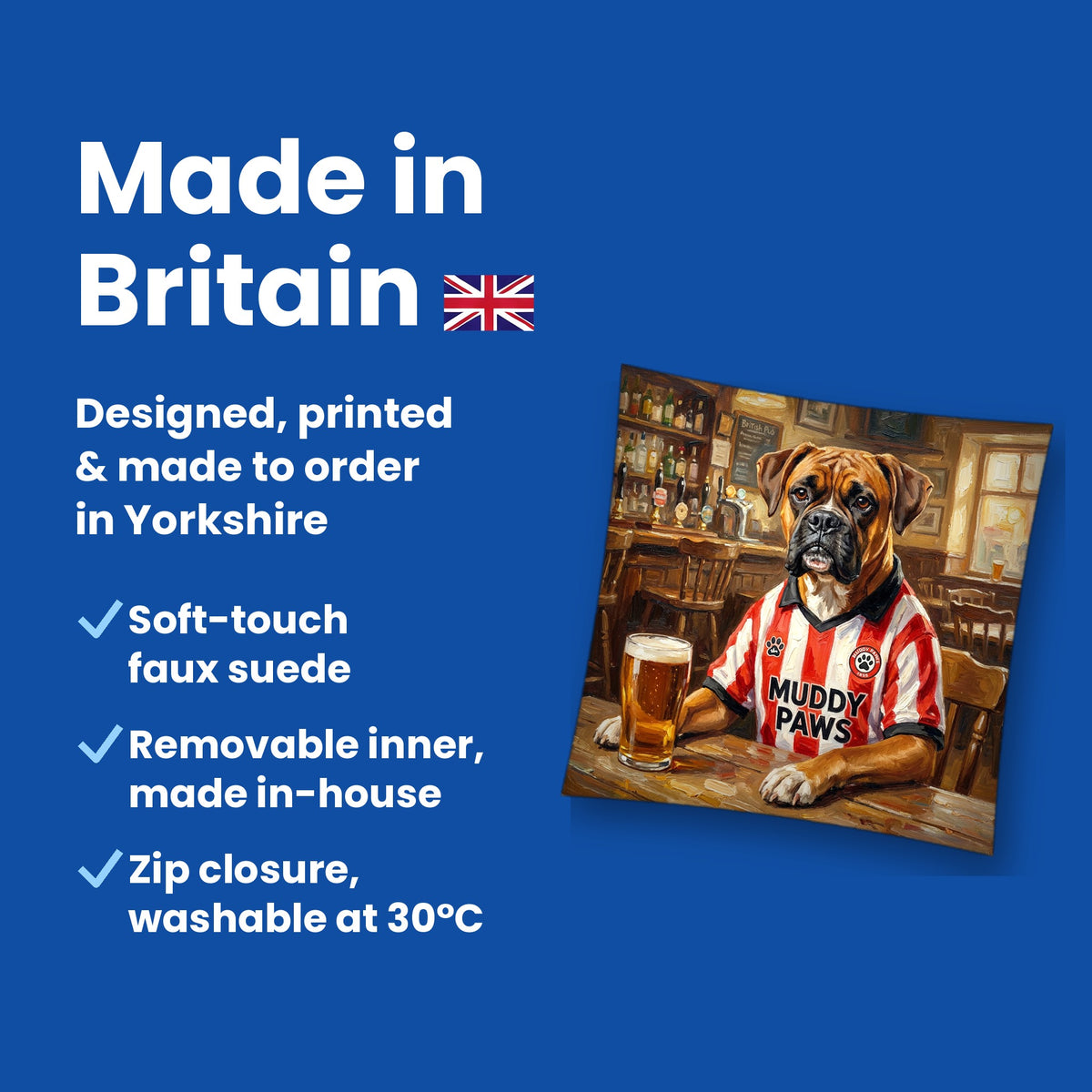 Made in Britain - designed, printed and made to order in Yorkshire, faux suede cushion with removable inner